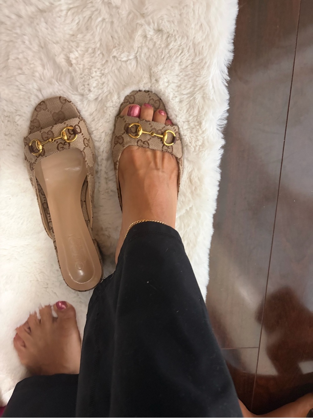 Gucci Beige Monogram Horsebit Slide Sandals with Gold Hardware